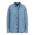 Klassische Bluse BOSS ORANGE "C_DENIM SHIRT HF", Damen, Gr. 38, blau (dunkelblau 406), Web, Obermaterial: 100% Baumwolle, unifarben, washed, modisch, relaxed fit, hoch geschlossener Ausschnitt, Langarm eingesetzt,weit eingefasste Kante mit Druckknopf, Blusen, mit Blusenkragen und All Over Straß & Glitzereffekt