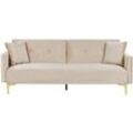 3-Sitzer Schlafsofa Beige Samtbezug Gesteppt mit Goldenen Metallbeinen 2 Kissen Retro Klappsofa Wohnzimmer Sofa mit Schlaffunktion