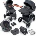 Kombi-Kinderwagen BABYGO "Halime 3in1", grau (grau schwarz), Baby, Kinderwagen, inklusive Babywanne, Babyschale, Regenhaube & Wickeltasche