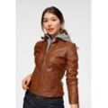 Lederjacke MAURITIUS "Junja" Gr. XL/42, braun (cognac), Damen, Obermaterial: 100% Schafsleder. Futter: 100% Baumwolle. Ärmelfutter: 100% Polyester. Kapuze: 55% Baumwolle, 45% Polyester, Jacken, mit abnehmbarem Kapuzen-Einsatz und aufwendigen Biker-Details