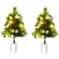 2-er Set Weihnachtsbäume Mini Künstlicher Christbaum mit Tannenzapfen und rote Beere, Kugeln und Warmweiß LED-Lichtern IP44 Grün pvc Metall Ø33 x 75