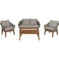 Neuwertig] Gartengarnitur HHG 222, Garten-/Lounge-Set Sofa Sitzgruppe, Poly-Rattan Holz Akazie grau, Kissen hellgrau