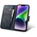 2in1 Leder Flip Cover iPhone 14 Plus Anti-RFID Öl Wachs Wallet Case Blau