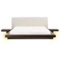 LED-Bett Heller Holzfarbton Kunstleder u. MDF-Platte Lattenrost 160x200cm 2 Nachttische Hohes Kopfteil Japanisch Plattform-Bett Futonbett