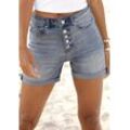 Jeansshorts BUFFALO, Damen, Gr. 34, N-Gr, blau (blau, washed), Denim/Jeans, Obermaterial: 98% Baumwolle, 2% Elasthan, modisch, figurbetont ca. Mitte Oberschenkel, Jeans, in High-Waist-Form, Stretchanteil, Sommerhose, figurbetont