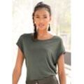 Kurzarmshirt LASCANA, Damen, Gr. 32/34, grün (khaki), Jersey, Obermaterial: 100% Viskose, unifarben, modisch, figurumspielend hüftlang, Rundhals, Kurzarm Aufschlag, Shirts, mit Rundhalsausschnitt, Jerseyware, Ärmelaufschlag, Basic