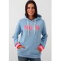 Kapuzensweatshirt ZWILLINGSHERZ "Rahel" Gr. L/XL, blau (hellblau), Damen, Obermaterial: 50% Baumwolle, 50% Polyester, unifarben, Sweatshirts, mit "MOIN"-Stickerei und neongestreiften Bündchen