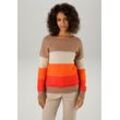 Strickpullover ANISTON CASUAL Gr. 34, orange (camfelfarben, beige, orange, rot) Damen Pullover mit trendfarbenen, breiten Ringeln