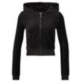 Kapuzennickijacke JUICY COUTURE "HERITAGE ROBYN HOODIE_ Damen", Damen, Gr. L, schwarz, 46% BAUMWOLLE 32% VISKOSE 22% POLYESTER, slim fit, Langarm, Jacken, Trainingsjacke Damen, Sweatjacke mit Kapuze, Velour, mit Glitzer, Sale