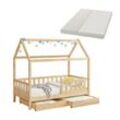 Juskys Kinderbett Marli 80 x 160 cm mit Matratze, Bettkasten, Gitter, Lattenrost & Dach - Bett Natur