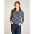 Polokragenpullover TOMMY JEANS "TJW ESSENTIAL LS POLO SWEATER", Damen, Gr. L (40), blau (weiß, navy), Strick, Obermaterial: 65% Baumwolle, 35% Polyamid, gestreift, casual, slim fit kurz, Langarm Rippstrickbündchen, Pullover, mit Logostickerei