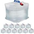 Wasserkanister 12er Set, 20 l, faltbar, Zapfhahn, Griffe, Camping Kanister, BPA-freier Kunststoff, transparent - Relaxdays