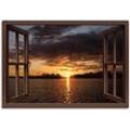 Leinwandbild ARTLAND "Sonnenuntergang am See, braunes Fenster", braun, B:130cm H:90cm, Canvas, Leinwand, Bilder, auf Keilrahmen gespannt