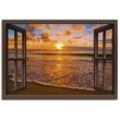 Wandbild ARTLAND "Fensterblick Sonnenuntergang am Strand" Bilder Gr. B/H: 130cm x 90cm, Poster Sonnenaufgang & -untergang Querformat,, braun als Leinwandbild, Poster, Wandaufkleber in verschied. Größen