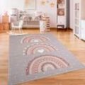 Kinderteppich PACO HOME "Eliz 392", grau (grau, beige), B:160cm H:12mm L:220cm, Polyester, Teppiche, Kurzflor, Spielteppich, Patchwork-Muster, Motiv Punkte & Regenbogen