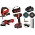 EINHELL Elektrowerkzeug-Set "TE-TK 18/3 Li Kit (JS+CD+AG)" Werkzeugmaschinen-Sets Akku-Bohrschrauber, -Winkelschleifer und -Stichsäge, Tasche rot (rot, schwarz, weiß)