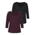 3/4-Arm-Shirt LASCANA "mit zarter Raffung am Ausschnitt", Damen, Gr. 32/34, lila (aubergine, schwarz), Jersey, Obermaterial: 95% Viskose (LENZING ECOVERO), 5% Elasthan, unifarben, Basic, figurumspielend normal, V-Ausschnitt, 3/4-Ärmel angeschnitten, Shirts, aus weichem Viskose-Stretch