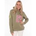 Kapuzensweatshirt ZWILLINGSHERZ Gr. LXL (L/XL), grün (khaki), Damen, Obermaterial: 50% Baumwolle, 50% Polyester, unifarben, Sweatshirts, mit Smiley-Audruck seitlich