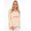 Sweatshirt ZWILLINGSHERZ Gr. S/M, beige, Damen, Sweatware, Obermaterial: 50% Baumwolle, 50% Polyester, unifarben, Sweatshirts, mit V-Ausschnitt, "Positive Mind"-Aufstick und neonfarbenen Bündchen