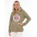 Hoodie ZWILLINGSHERZ Gr. S/M, grün (khaki) Damen Sweatshirts mit "Wild at Heart"-Aufdruck und Bindebänder in Leo-Optik