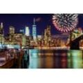 Fototapete PAPERMOON "MANHATTAN-NEW YORK BROOKLYN BRIDGE FEUERWERK SKYLINE", bunt, B:5,00m L:2,80m, Vlies, Tapeten