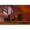 Fototapete PAPERMOON "Ruine in Landschaft mit Mond", bunt, B:5,00m L:2,80m, Vlies, Tapeten