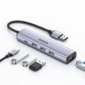 Multifunktionaler HUB-Adapter-Splitter USB 3.0 - 3x USB Ethernet RJ-45 USB-C PD grau