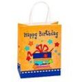 Geschenktüte „Happy Birthday“, Format A5, mit Tragekordel, B 180 x T 100 x H 230 mm, Kraftpapier, beige &amp; farbig bedruckt, 6 Stück