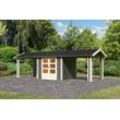 Gartenhaus "Gartenhaus Verino X" SET terragrau mit 2x Dachausbau, Schindeln, Boden, Dachrinne