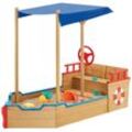 Sandkasten Käpt'n Pit - Piratenschiff Boot aus Holz - große Kinder Sandkiste für Garten mit Bodenplane, Dach & Sitzbank - Outdoor Sandbox - Juskys