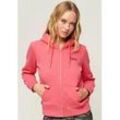 Kapuzensweatjacke SUPERDRY "ESSENTIAL LOGO ZIP HOODIE" Gr. XS, pink (camping pink), Damen, Sweatware, Obermaterial: 75% Baumwolle, 25% Polyester, unifarben, Sweatjacken, mit Logostickerei