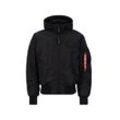 Bomberjacke ALPHA INDUSTRIES "Alpha Industries Men - Bomber Jackets MA-1 Zip Hood Back Print" Gr. L, schwarz-weiß (schwarz, weiß), Herren, Obermaterial: 100% Nylon, Futter: 100% Nylon, Kapuze: 75% Cotton, 25% Polyester, Füllung: 100% Polyester, Jacken