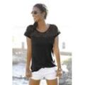 LASCANA Strandshirt schwarz Gr. 32/34 für Damen. Rundhals und Spitze. Figurumspielend