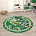 Kinderteppich PACO HOME "Chicos 559" Teppiche Gr. Ø 150cm, 2mm, Ø 150cm, grün Kinder Flachgewebe, Straßen-Spiel-Teppich, Kinderzimmer