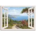 Wandbild ARTLAND "Fensterblick - Haus am Meer I" Bilder Gr. B/H: 100cm x 70cm, Leinwandbild Fensterblick,, weiß als Leinwandbild, Poster, Wandaufkleber in verschied. Größen