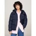 Steppjacke TOMMY JEANS "TJW ALASKA PUFFER EXT", Damen, Gr. L (40), blau (schwarz night navy), Web, Obermaterial: 100% Polyester. Futter: 100% Polyester, unifarben, casual, regular fit hüftlang, Langarm eingesetzt mit Klettverschluss, Jacken, mit Logostickereien