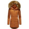 Wintermantel MARIKOO "Sanakoo" Gr. S (36), braun (zimt), Damen, Oberstoff: 100% Polyester, Futter: 100% Polyester, Wattierung: 100% Polyester, Ärmelfutter: 100% Polyester, Kunstpelz: 90% Polyacryl, 10% Polyester, Mäntel, schicker Damen Kurzmantel mit Kunstfellkapuze