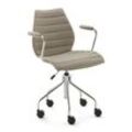 Kartell - Maui Soft Bürostuhl mit Armlehnen und Rollen, Stahl verchromt / Noma beige