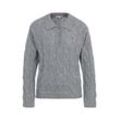 Polokragenpullover TOMMY HILFIGER "SOFT WOOL CABLE POLO SWEATER" Gr. XL (42), grau (medium erdgrau), Damen, Strick, Obermaterial: 100% Wolle, unifarben, Pullover, mit Kragen & Knopfleiste, Zopfmuster allover