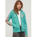 Kapuzensweatjacke SUPERDRY "SUPER ATHLETIC GRAPHIC ZIPHOOD", Damen, Gr. L, blau (aqua shore turqoise marl), Sweatware, Obermaterial: 60% Baumwolle, 40% Polyester, meliert, casual, relaxed fit, Langarm, Sweatjacken