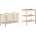 Babymöbel-Set VIPACK "Dino ist das ideale Start Set für Ihr Kind aus massiver Buche", beige (natur), Schlafzimmermöbel-Sets Baby, ohne Matratze, B/H: 60cm x 120cm Babybett u. Wickelregal inkl., wahlweise in 3 Farben erhältlich