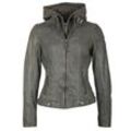 Lederjacke MAURITIUS "CASEY" Gr. L, grau (anthrazit), Damen, Obermaterial: 100% Schafsleder. Futter: 100% Baumwolle. Ärmelfutter: 100% Polyester, used, Jacken, mit abnehmbarem Kapuzen-Sweateinsatz & aufwendigen Biker-Details