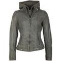 Lederjacke MAURITIUS "CASEY", Damen, Gr. M, grau (anthrazit), Obermaterial: 100% Schafsleder. Futter: 100% Baumwolle. Ärmelfutter: 100% Polyester, used, modisch, sehr figurbetont kurz, Jacken, mit abnehmbarem Kapuzen-Sweateinsatz & aufwendigen Biker-Details