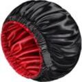 Schwarze Satin-Haube für Männer und Frauen, Seiden-Schlafhaube für lockiges Haar, doppellagige Wende-Haube, XL (Schwarz + Rot)