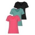 T-Shirt H.I.S "Essential-Basics" Gr. 36/38, bunt (schwarz, mint, rosa), Damen, Obermaterial: 100% Baumwolle, Shirts, hüftlange Passform, figurumspielender Schnitt, aus 100% Baumwolle