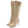 Stiefel LASCANA "Stiefelette, Langer Stiefel" Gr. 36, beige, Damen, Obermaterial: 100% Lederimitat. Futter: 100% Lederimitat. Decksohle: 100% Lederimitat. Laufsohle: 100% Synthetik, unifarben mit Farbeinsatz, Schuhe, mit spitz zulaufender Form und Strickeinsatz