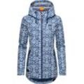 Outdoorjacke RAGWEAR "Zuzka Ikat", Damen, Gr. M (38), blau (indigo), Außenmaterial: 100% Polyester, Innenfutter: 100% Polyester, casual, tailliert Po-bedeckend, hoch geschlossener Ausschnitt, Langarm mit Knöpfen,Ärmel mit Ärmelschlitz normaler Saum krempelbar,mit Druckknopf,mit Schlitz, Jacken, Wasserdichte Übergangsjacke mit großer Kapuze