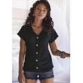 Kurzarmshirt LASCANA "mit Zierknopfleiste" Gr. 32/34, schwarz, Damen, Piquu00e9, Obermaterial: 69% Polyester (REPREVE), 28% Viskose, 3% Elasthan, unifarben, Shirts, aus weicher Piqué-Qualität