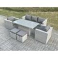 Polyrattan Essgruppe Gartenmöbel Set Höhe verstellbar Esstisch Set mit Sofa 2 Sessel 2 kleiner Fußhocker Helles Grau - Fimous