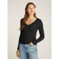 Langarmshirt TOMMY JEANS "TJW SLIM ESSENTIAL RIB V LS", Damen, Gr. S (36), schwarz, Rippware, Obermaterial: 95% Baumwolle, 5% Elasthan, unifarben, Basic, schmal hüftlang, V-Ausschnitt, Langarm abgesteppt, Shirts, mit Logostickerei